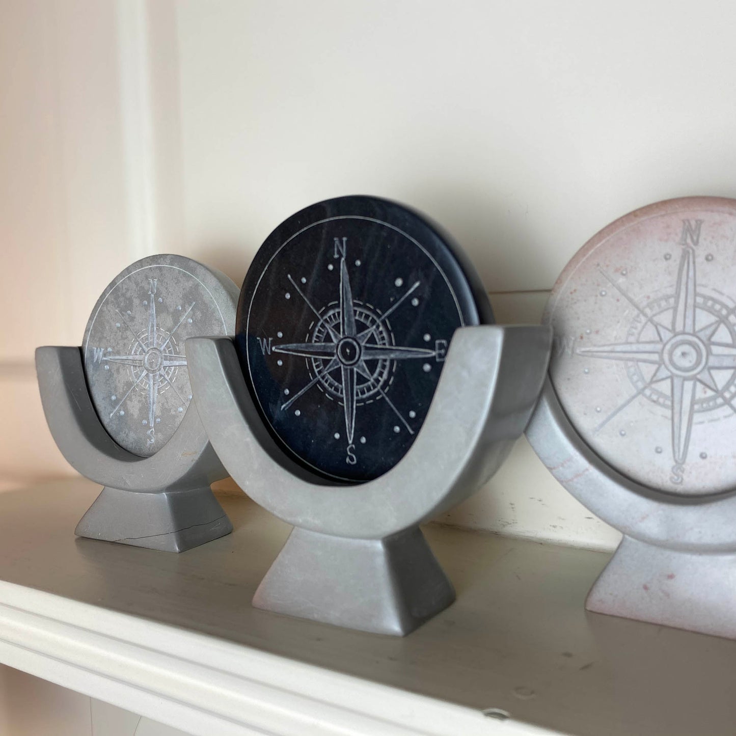 Compass Soapstone Sculpture, Dark Gray Stone