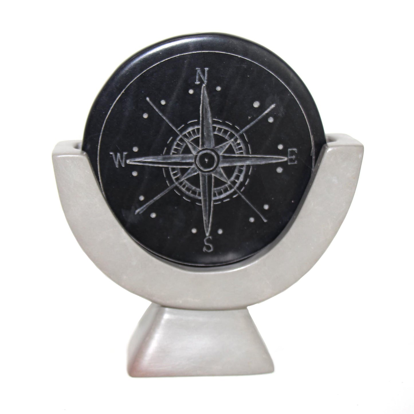 Compass Soapstone Sculpture, Dark Gray Stone