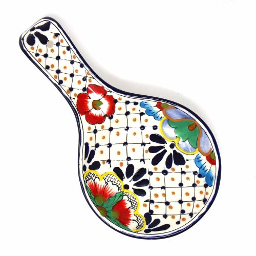 Handmade Pottery Spoon Rest, Dots & Flowers - Encantada