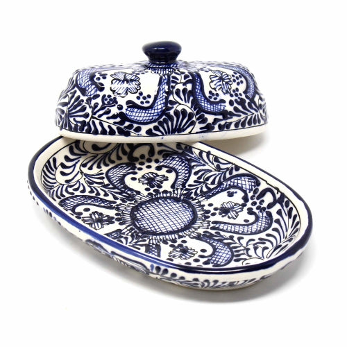 Handmade Pottery Butter Dish, Blue Flower - Encantada