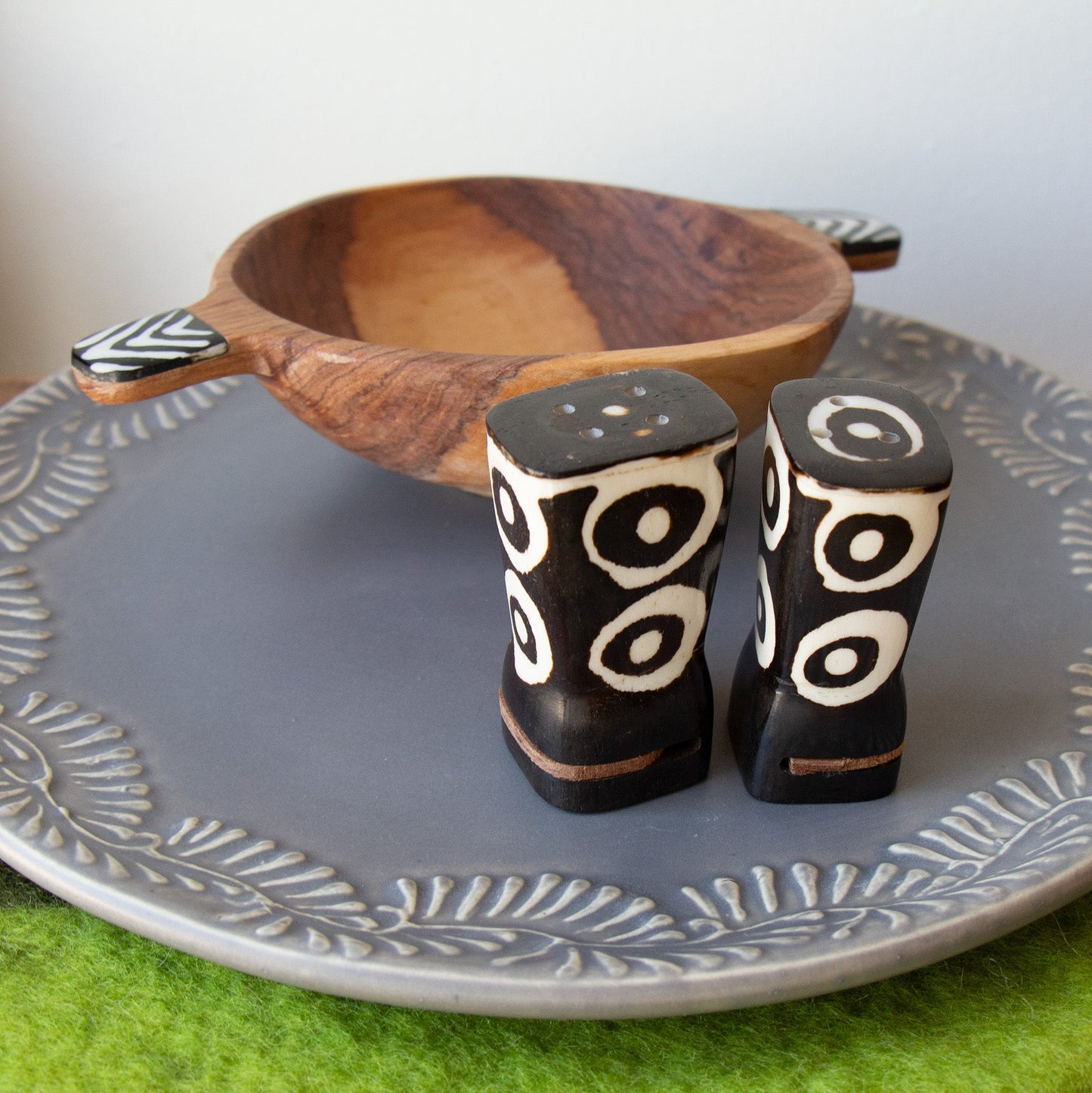 African Natural Bone Salt & Pepper Shakers, Traditional Batik Designs