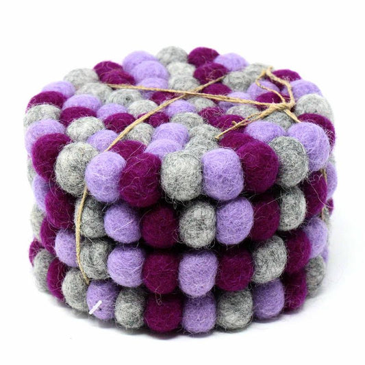 Hand Crafted Felt Ball Coasters from Nepal: 4-pack, Chakra Purples - Global Groove (T)