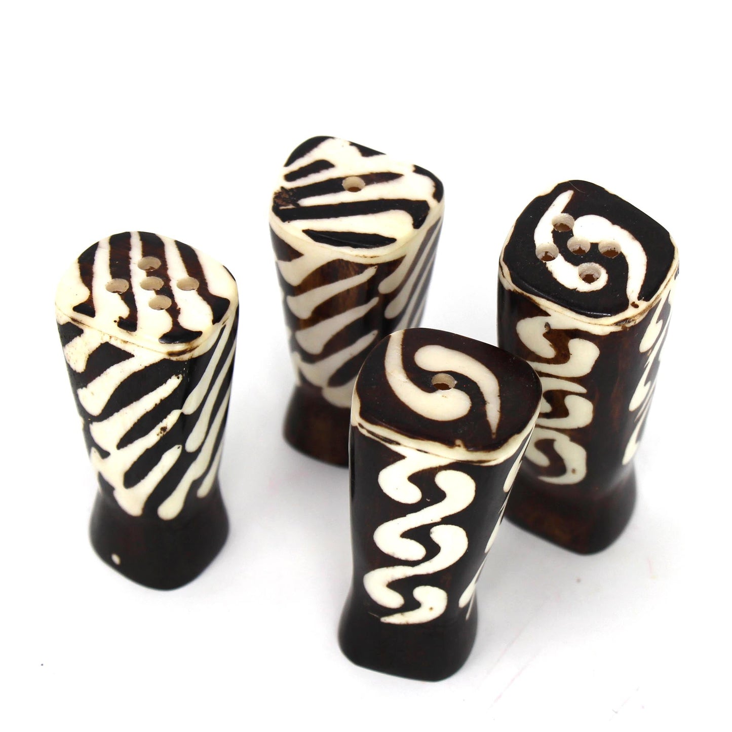 African Natural Bone Salt & Pepper Shakers, Traditional Batik Designs