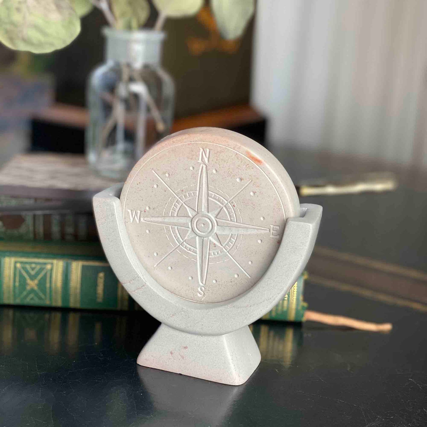 Compass Soapstone Sculpture, Light Gray Stone