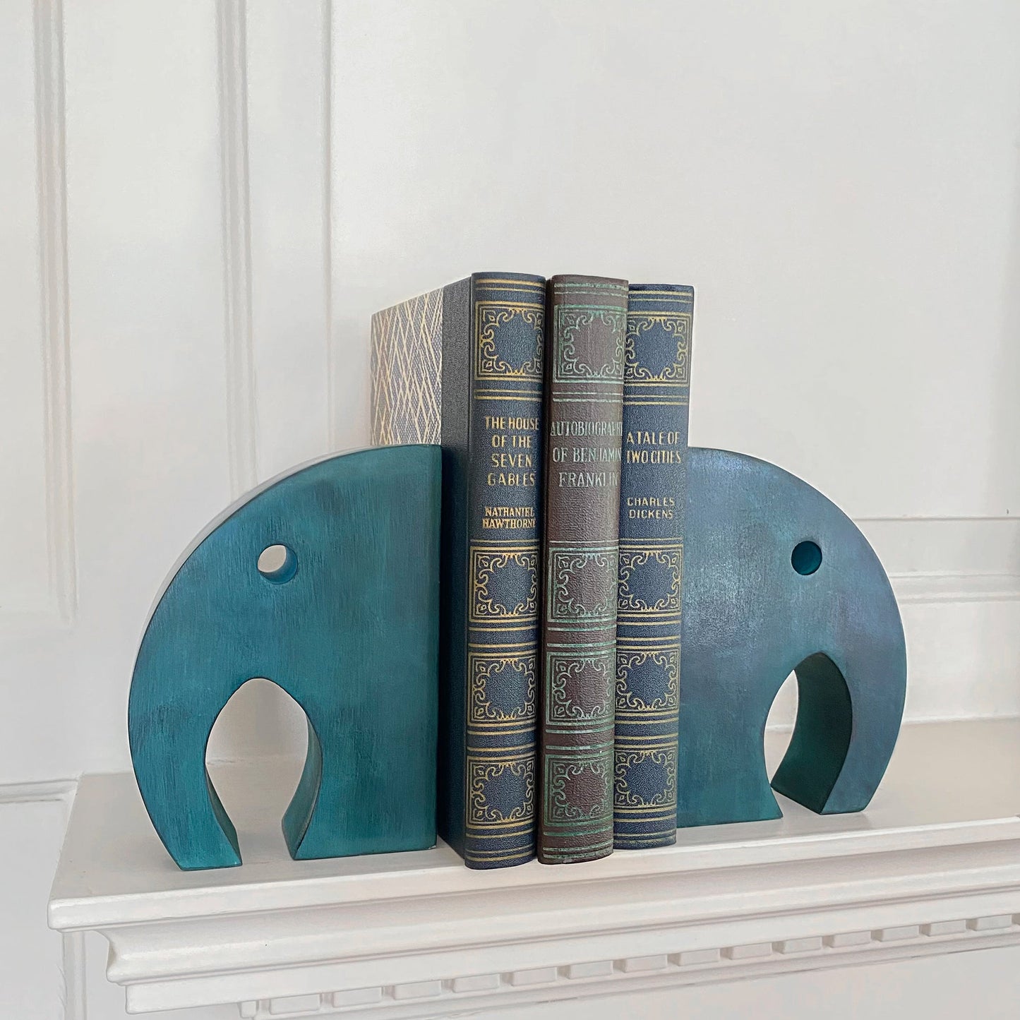 Teal Elephant Book Ends, Carved Gorara Soapstone