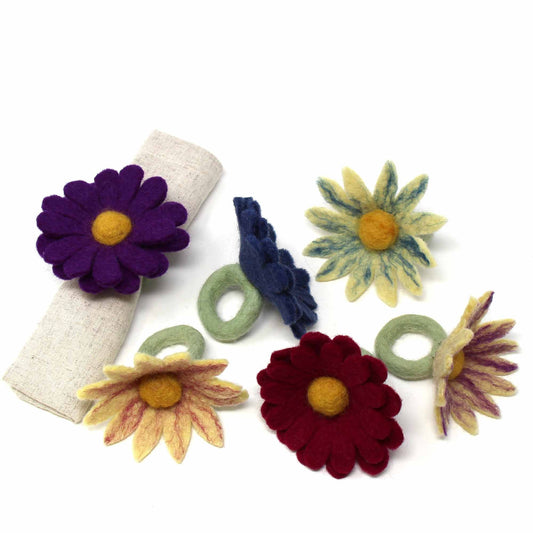 Hand Crafted Felt from Nepal: Set of 6 Napkin Rings, Assorted Daisies for Fall