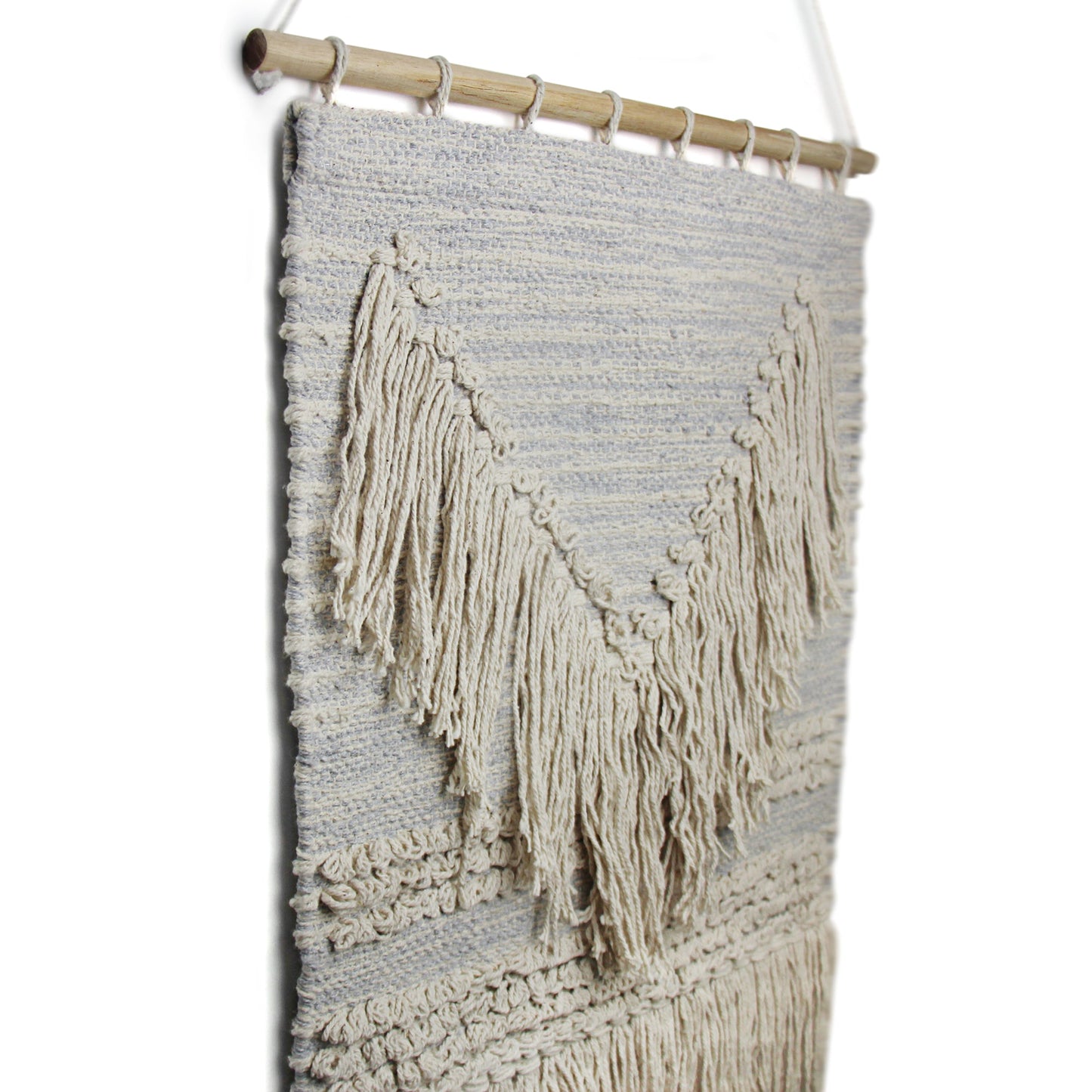 Handwoven Boho Wall Hanging, Blue Grey with Cream Fringe