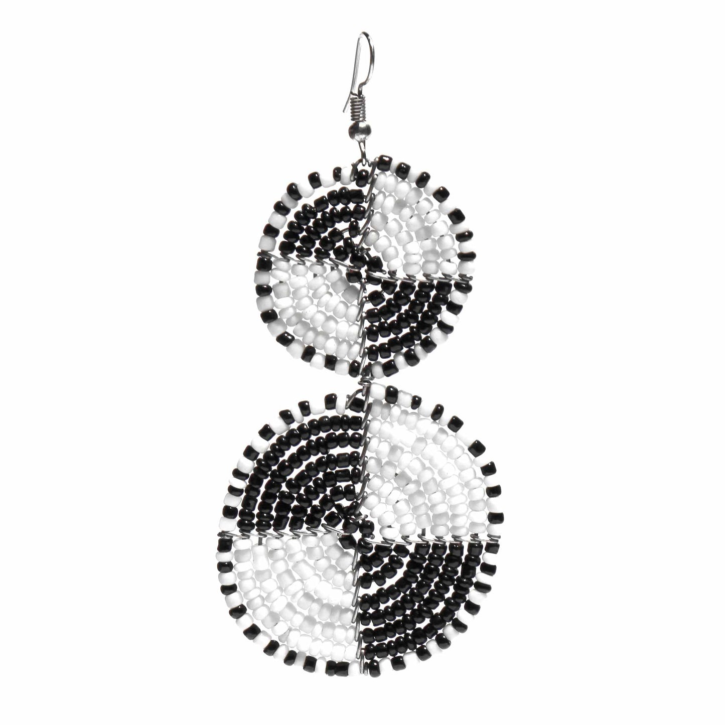 Maasai Bead Double Circle Dangle Earrings, White and Black