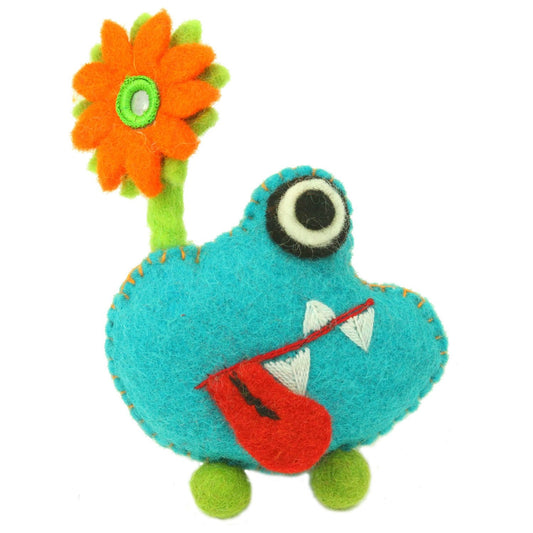 Hand Felted Blue Tooth Monster with Flower - Global Groove