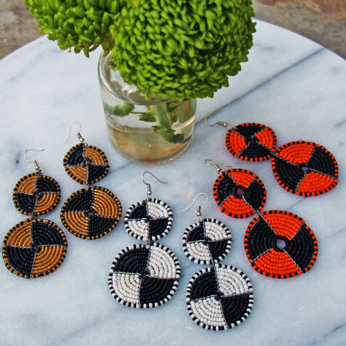 Maasai Bead Double Circle Dangle Earrings, Mango Orange and Black