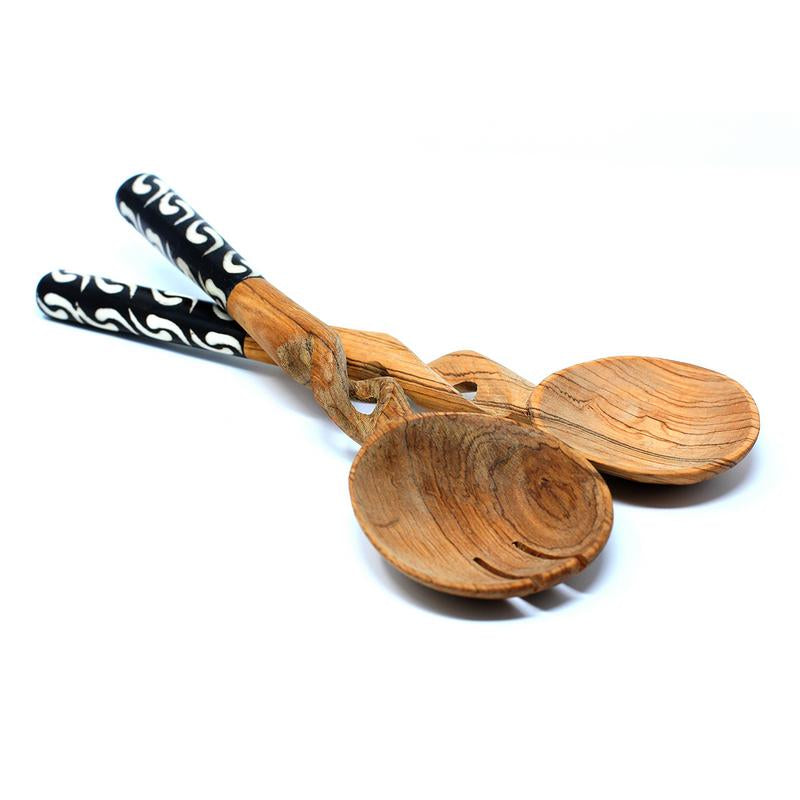 11-Inch Olive Wood Salad Serving Set with Twisted Handles - Jedando Handicrafts