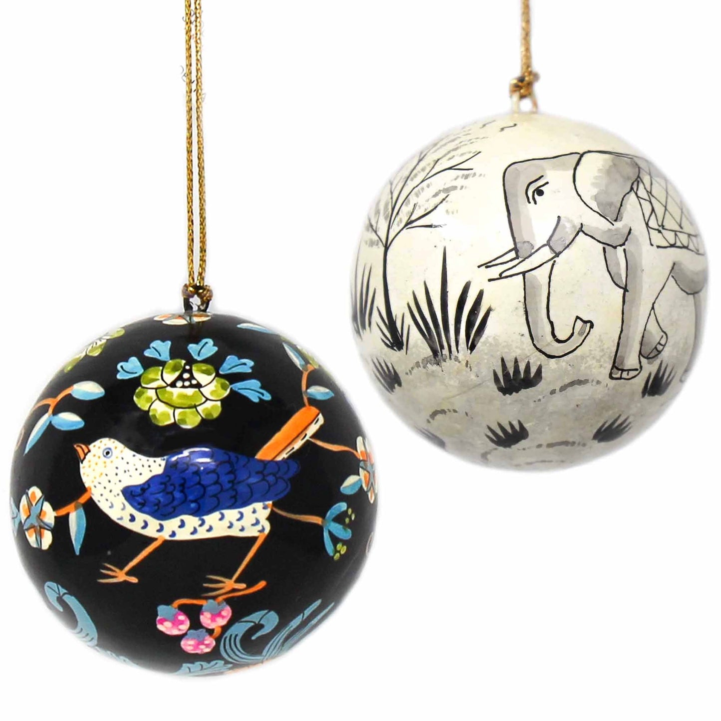 Handpainted Elephant & Bird Ornaments, Set of 2