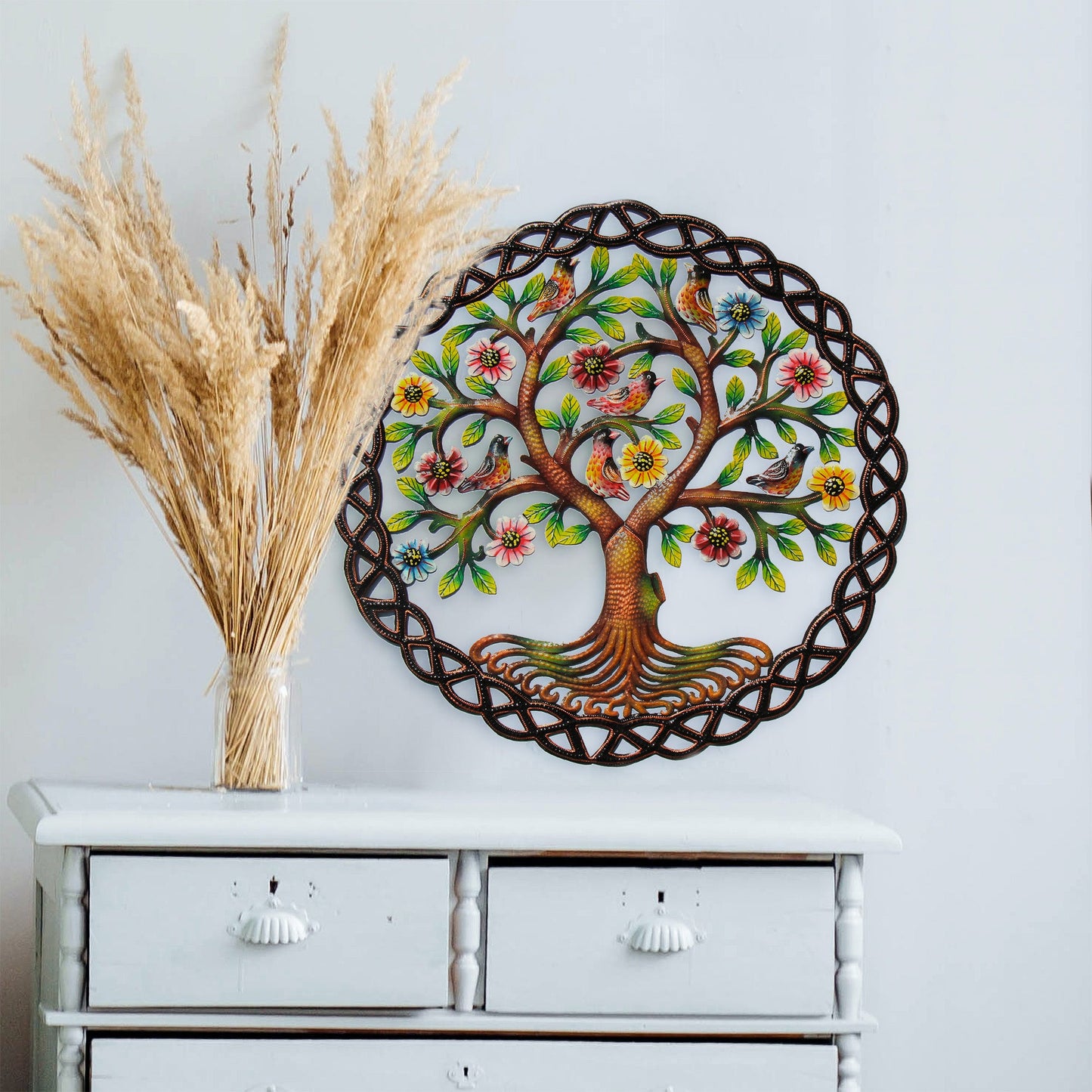 Rooted Tree of Life in Circle Haitian Metal Drum Wall Art