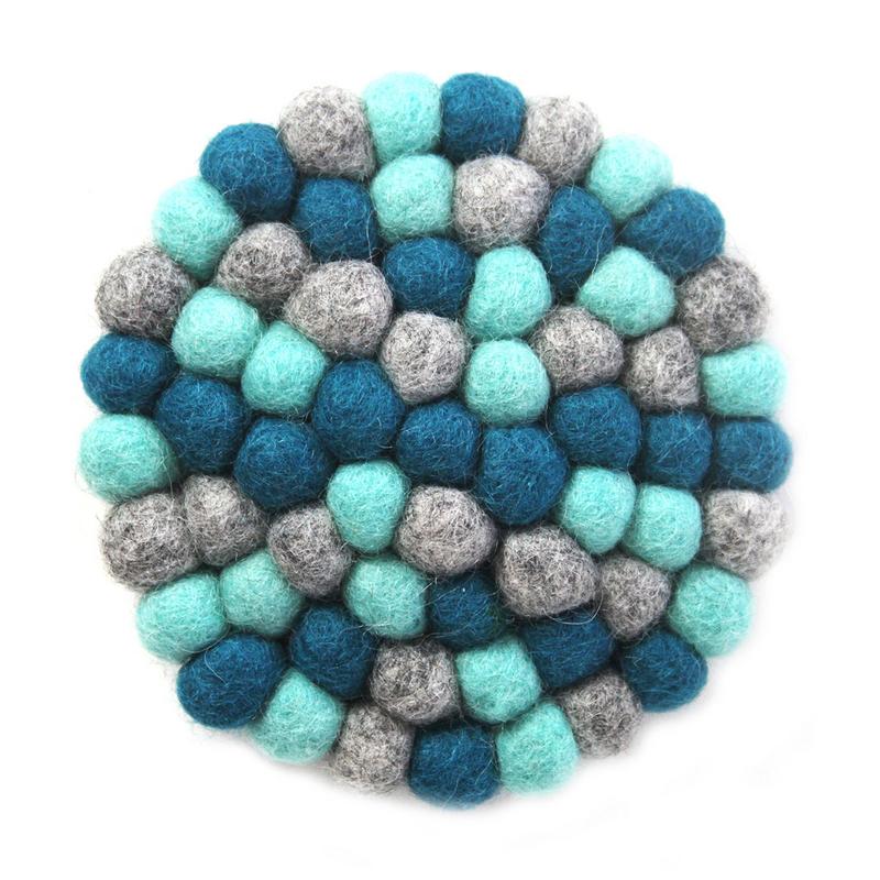 Hand Crafted Felt Ball Coasters from Nepal: 4-pack, Chakra Light Blues - Global Groove (T)