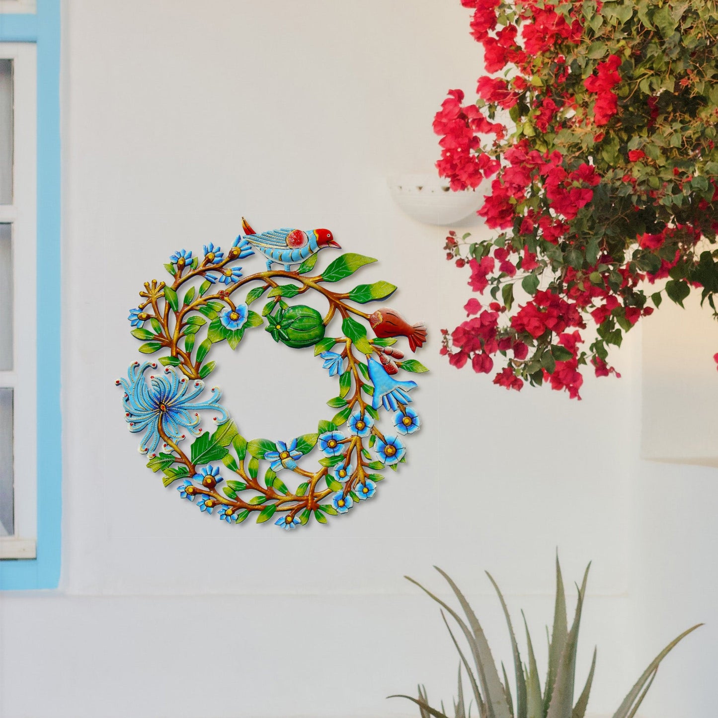 Blue Bird Door Wreath Haitian Metal Drum Wall Art